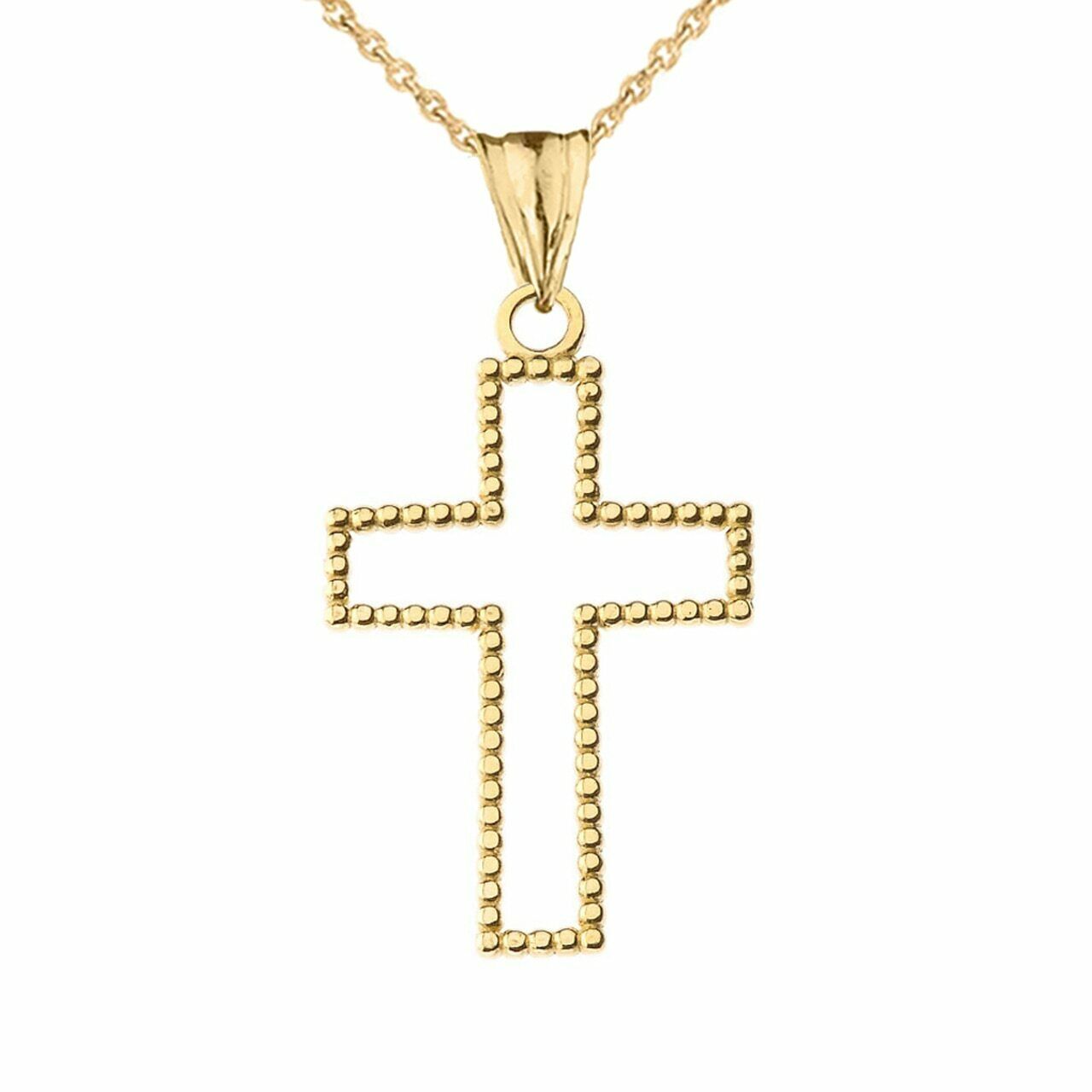 10k or 14k Solid Gold Two Sided Beaded Open Cross 1.5" Pendant Necklace