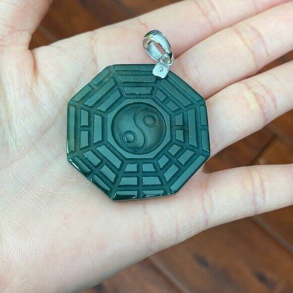 925 Sterling Silver Carving Agate Yin Yang Pendant Necklace