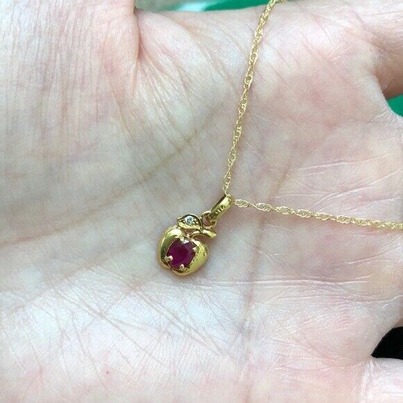 14K Solid Gold Mini Apple Ruby Pendant Dainty Necklace 16"-18" Minimalist