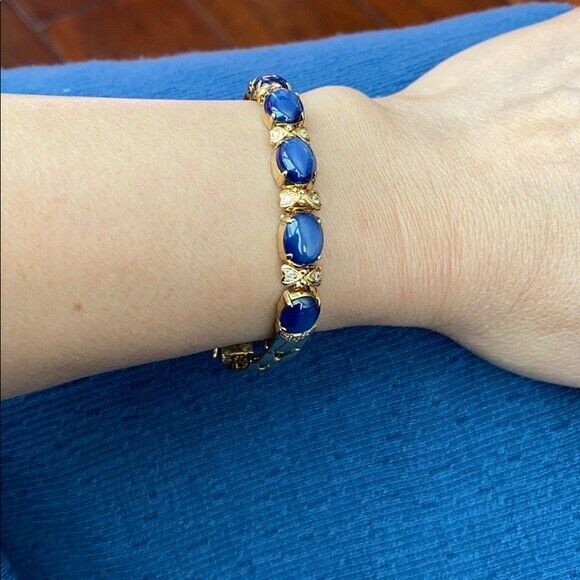 14K Solid Real Yellow Gold Oval Blue Star Bracelet 6.5 inches