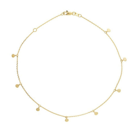 14K Solid Gold 8 Pieces Dangle Mini Disk/ Disc Anklet - Yellow 9"-10" adjustable
