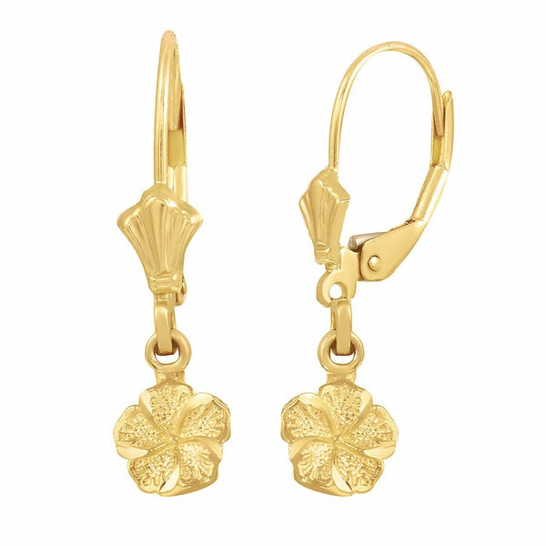 10k Solid Yellow Gold Tropical Hibiscus Flower Diamond Cut Earrings Set