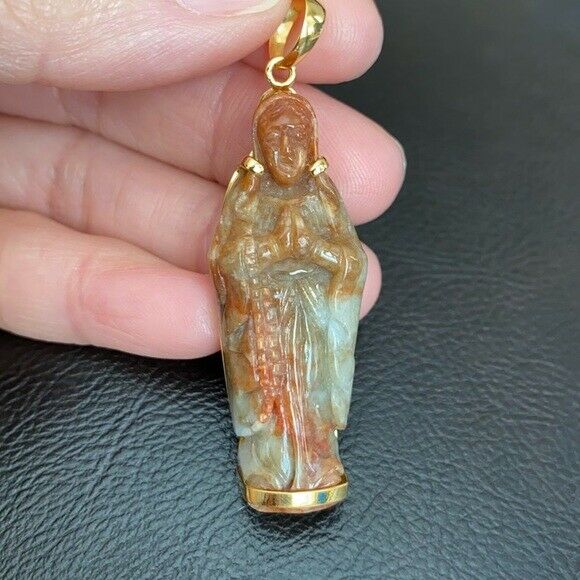 14K Solid Gold The Blessed Virgin Mary Prayer Carved Natural Red Jade Pendant