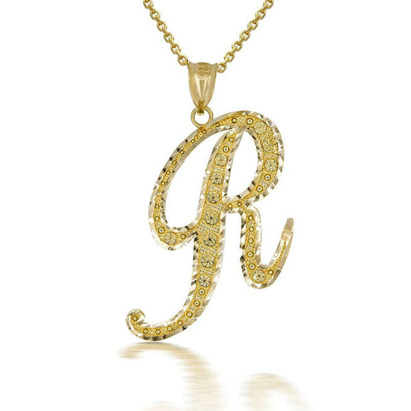 10k Solid Yellow Gold Cursive Initial Letter R Pendant Necklace