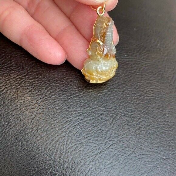 14K Solid Gold Buddha Quan/ Kwan Yin Natural Red Brown Jade Pendant Small Female