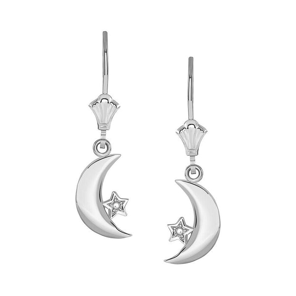 .925 Sterling Silver Crescent Moon and Star Leverback Earrings