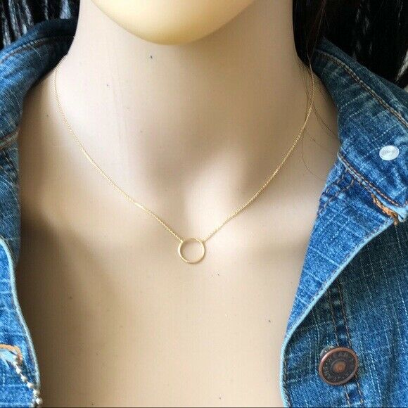 14K Solid Yellow Gold Mini Wire Open Circle Necklace - Minimalist Adjustable