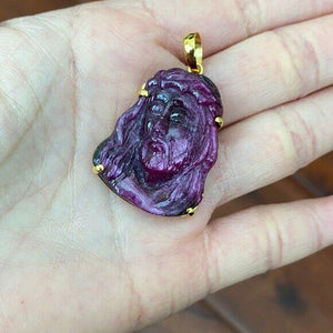 14K Real Solid Gold Natural Ruby Carved Jesus Christ Head Pendant Charm