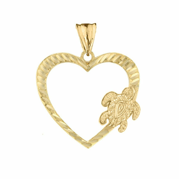 10k Solid Yellow Gold Honu Hawaiian Turtle Heart Pendant Necklace