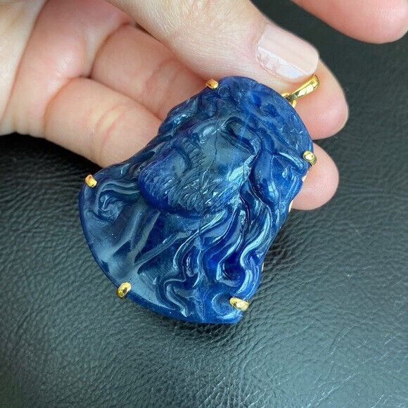 14K Real Solid Gold Carving Jesus Sodalite Christ Head Pendant Charm Large