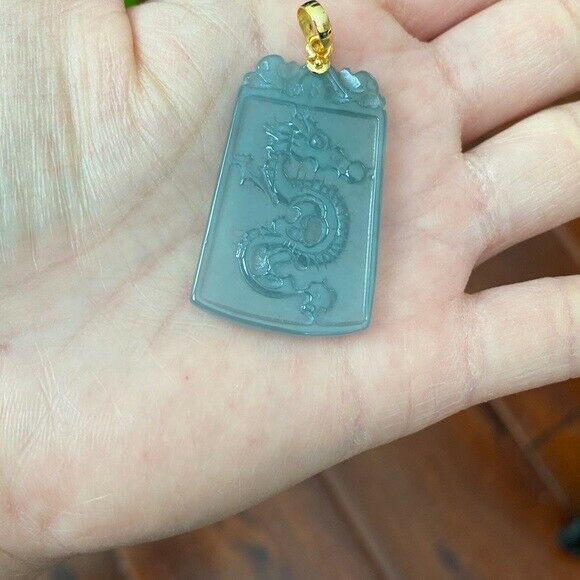 14K Solid Yellow Gold Carved Dragon Natural Jade Pendant Rectangle