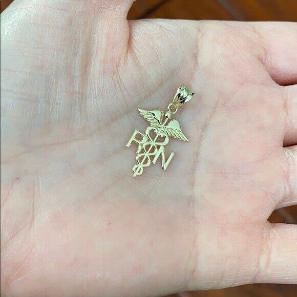 14K Solid Gold Caduceus Medical RN Registered Nurse Herald Staf Pendant Necklace
