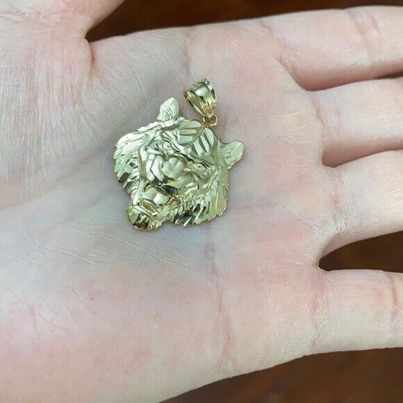 14k Solid Gold Men's Roaring Tiger Head Pendant Necklace Small Medium Large