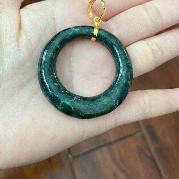 14K Solid Gold Green Large Round Natural Jade Pendant Necklace