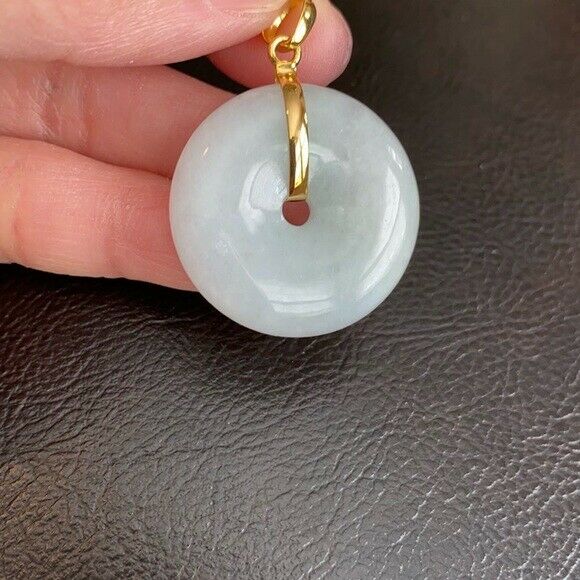 14K Solid Fine Real Yellow Gold Round Donut Natural Jadeite Icy Jade Pendant