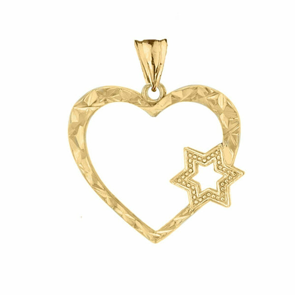 Solid 10k Yellow Gold Star Of David Heart Pendant Necklace