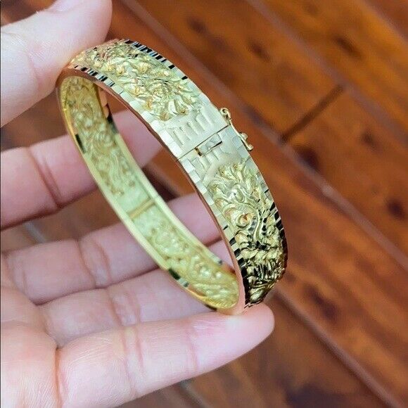 18K Real Solid Yellow Gold Engraved Dragon Phoenix Bangle Bracelet 56 mm