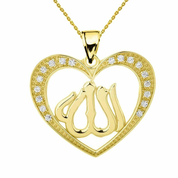 10k Solid Yellow Gold Cubic Zirconia Heart with Allah Pendant Necklace