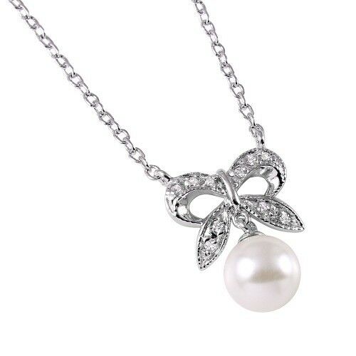 Sterling Silver 925 Rhodium Plated CZ Encrusted Bow with Hanging Synthetic Pearl