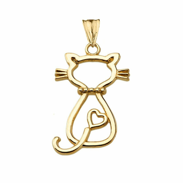 Solid 14k Yellow Gold Openwork Backwards Cat Pendant Necklace