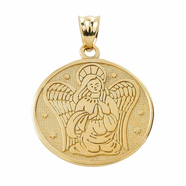 14k Solid Two Sided Yellow Gold Guardian Angel Charm Pendant Necklace