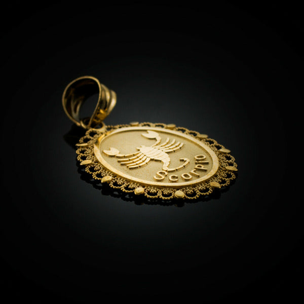 10k Solid Gold Scorpio Zodiac Sign Filigree Oval Pendant Necklace