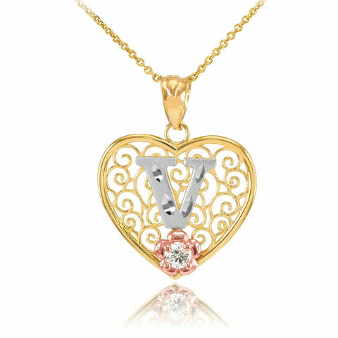 10k Solid Gold Initial Letter V Heart Filigree CZ Pendant Necklace Two Tone