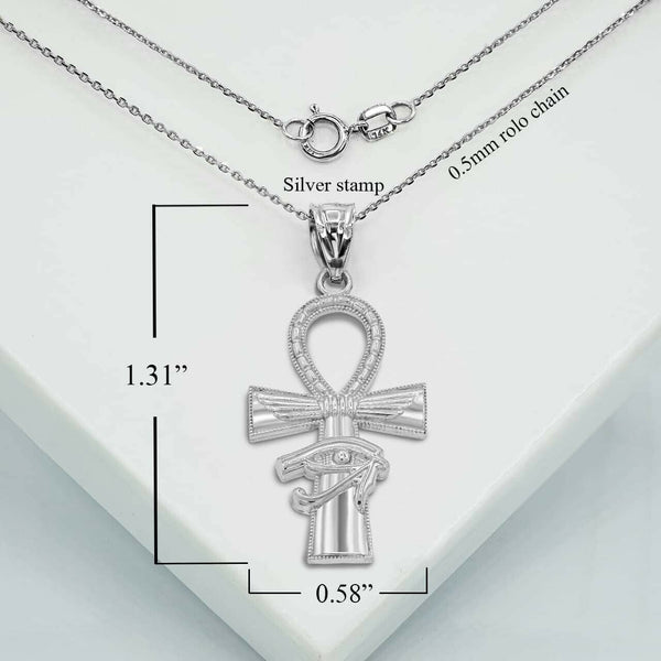 .925 Sterling Silver Textured Ankh Cross Eye of Horus Pendant Necklace