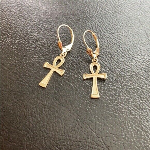 14k White Gold Ancient Egyptian Ankh Cross Drop / Dangle Leverback Earrings