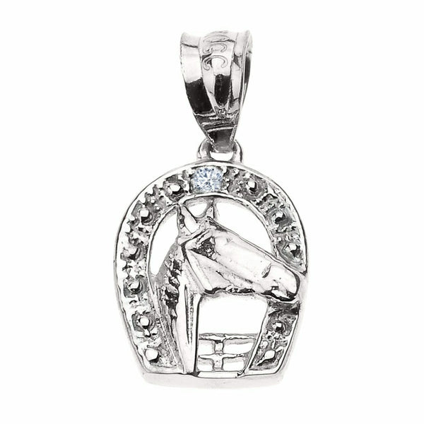 Solid 10k White Gold Diamond Horseshoe with Horse Head Pendant Necklace