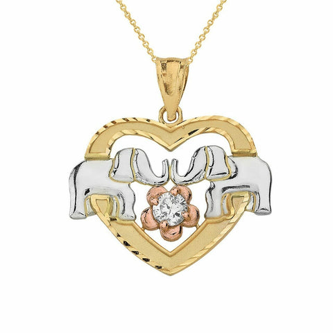 Fine 10k Solid Three Tone Gold Elephant and Heart CZ Pendant Necklace