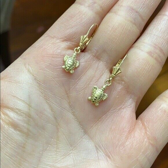 10K Real Yellow Gold Detailed Sea Turtle Leverback Earring Set