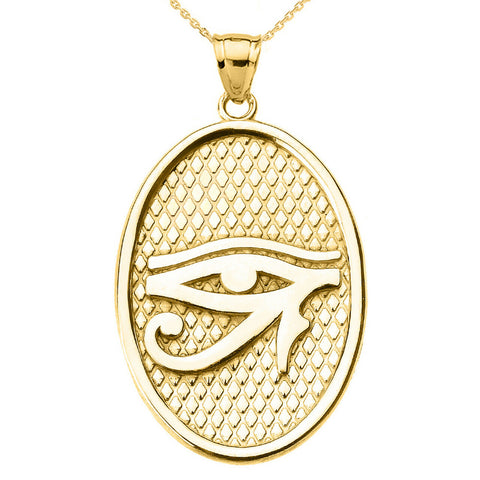 10K Solid Yellow Gold Eye of Horus Oval Pendant Necklace