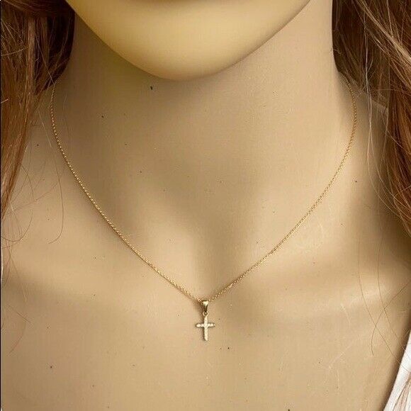 10k Solid Yellow Gold Mini Elegant Diamond Cross Pendant Necklace - Minimalist