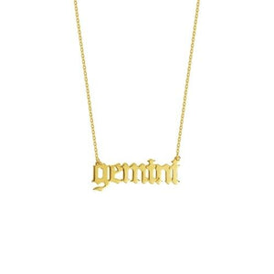 14K Solid Yellow Real Fine Gold Gothic Script Gemini Zodiac Necklace Adjustable