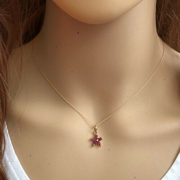 14K Solid Gold Mini Red Flower Charm Pendant Dainty Necklace - Minimalist