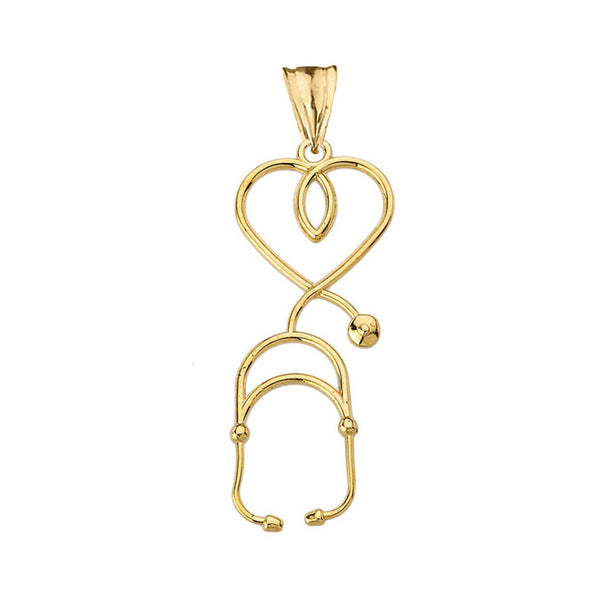 10k Solid Yellow Gold Stethoscope Heart Pendant Necklace 16" 18" 20" 22"
