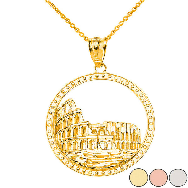 14K Solid Gold Historic Rome Colosseum Pendant Necklace - Yellow, Rose, or White
