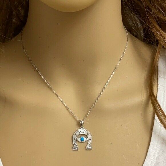 Sterling Silver Evil Eye Protection Horse Shoe Good Luck Pendant Necklace