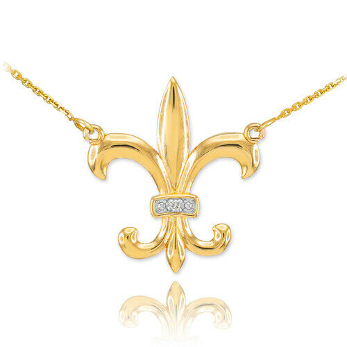 14k Solid Gold Diamond French Fleur de Lis Stylized lily Flower Necklace