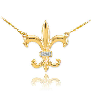 14k Solid Gold Diamond French Fleur de Lis Stylized lily Flower Necklace