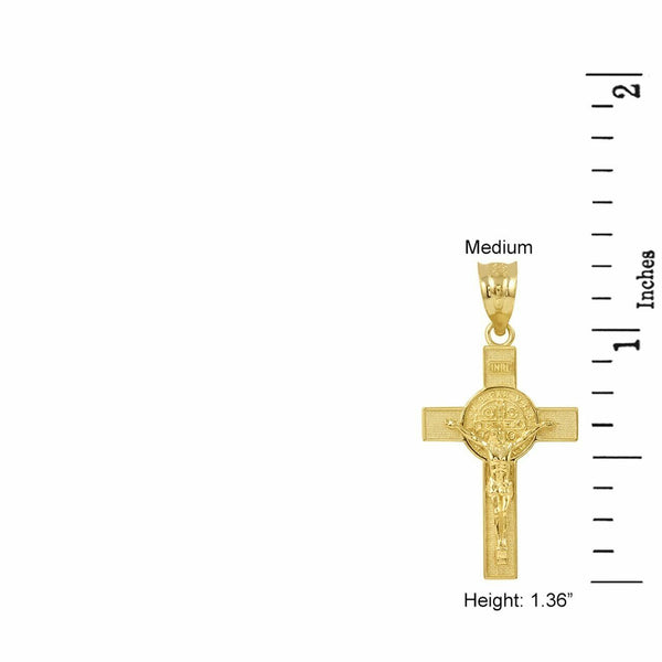10K Solid Yellow Gold Medium St. Benedict Crucifix Cross Pendant Necklace 1.36"