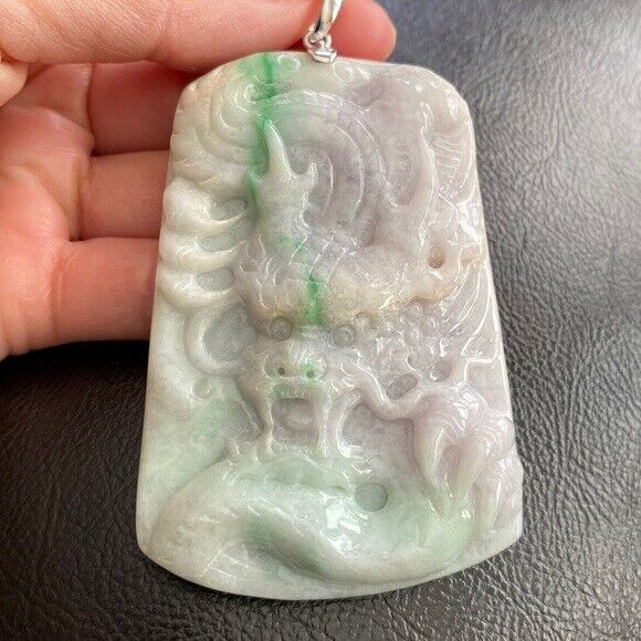 925 Sterling Silver Carving Jade Dragon Large Pendant Necklace Heavy