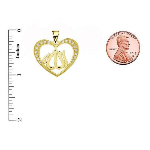 14k Solid Yellow Gold Cubic Zirconia Heart with Allah Pendant Necklace