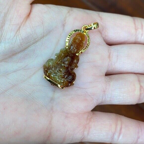 14K Solid Fine Real Yellow Gold Kwan yin Quan Buddha Red Jade Pendant Female