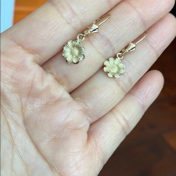 14k Solid Yellow Gold Sunflower Diamond Cut Leverback Earrings Set