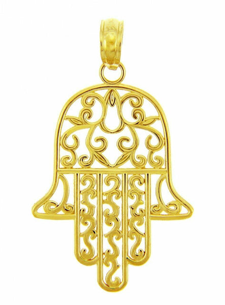 14k Yellow Gold Jewish Hamesh Hand Filigree Charm Hamsa Pendant Necklace