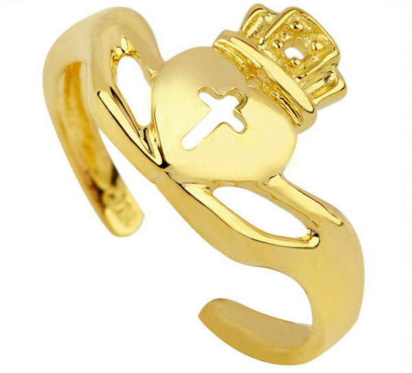 14K Solid Gold Classic Claddagh Heart Crown Cross Toe Ring - Yellow, Rose, White