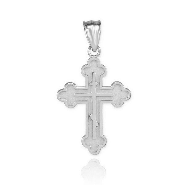 14k Solid White Gold Eastern Orthodox Christian Cross Charm Pendant Necklace