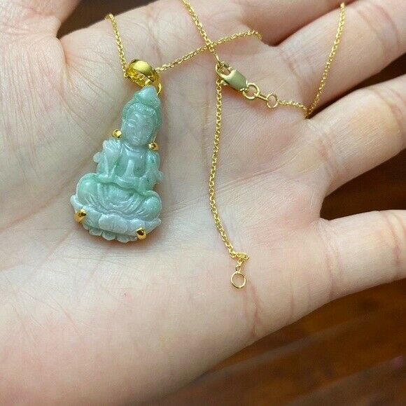 14K Solid Gold Kwan Yin Guanyin Female Buddha Natural Jade Pendant Necklace S